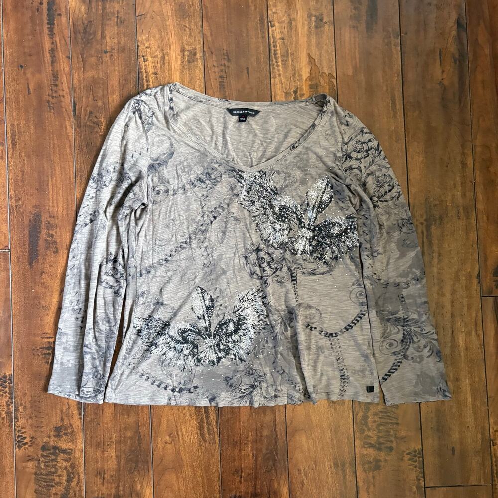Y2K Rock & Republic Shirt Womens M Gray Long Sleeve Grunge 2000s Emo Rhinestones